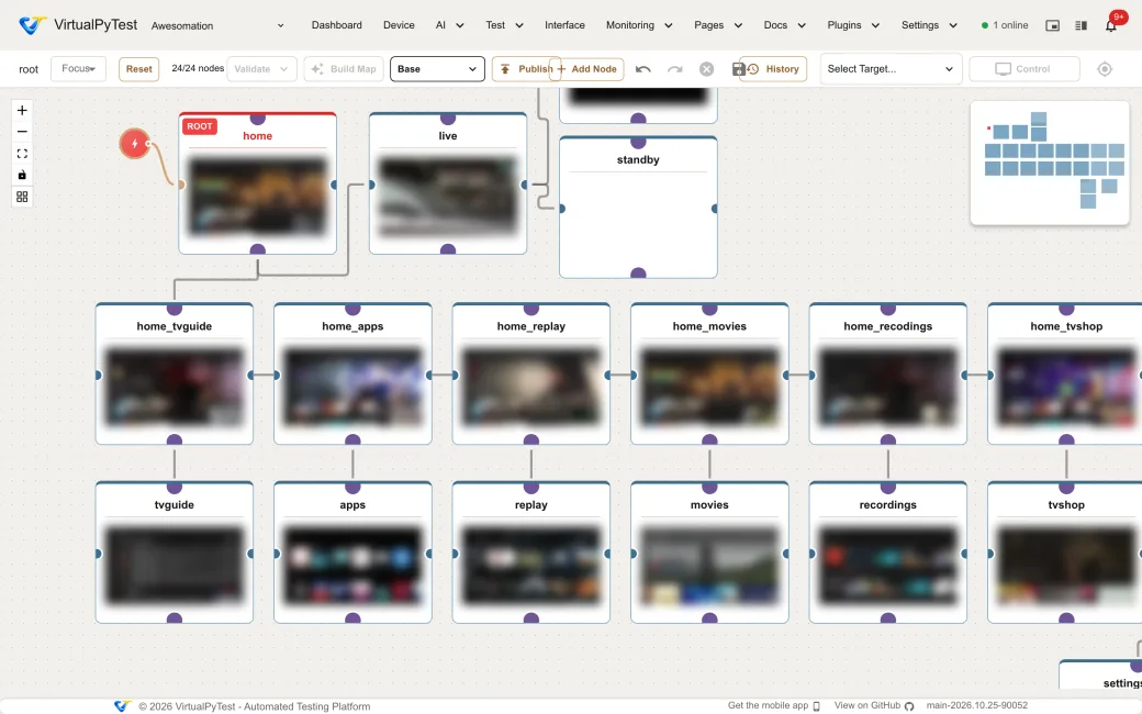 Navigation tree editor for a set top box app: each screen is a node, each action an edge