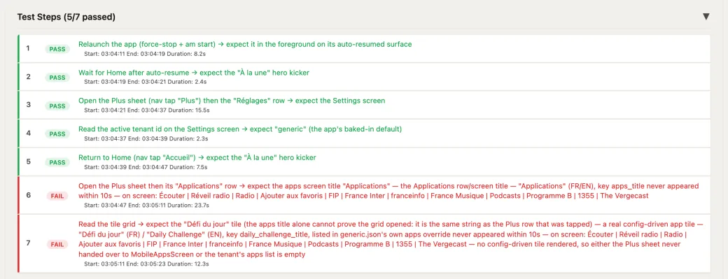 A failed test report: the two steps that failed, each with what the screen showed instead