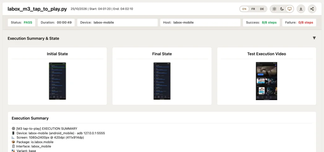 A passed test report: 8 of 8 steps, with the initial and final screen and the run video